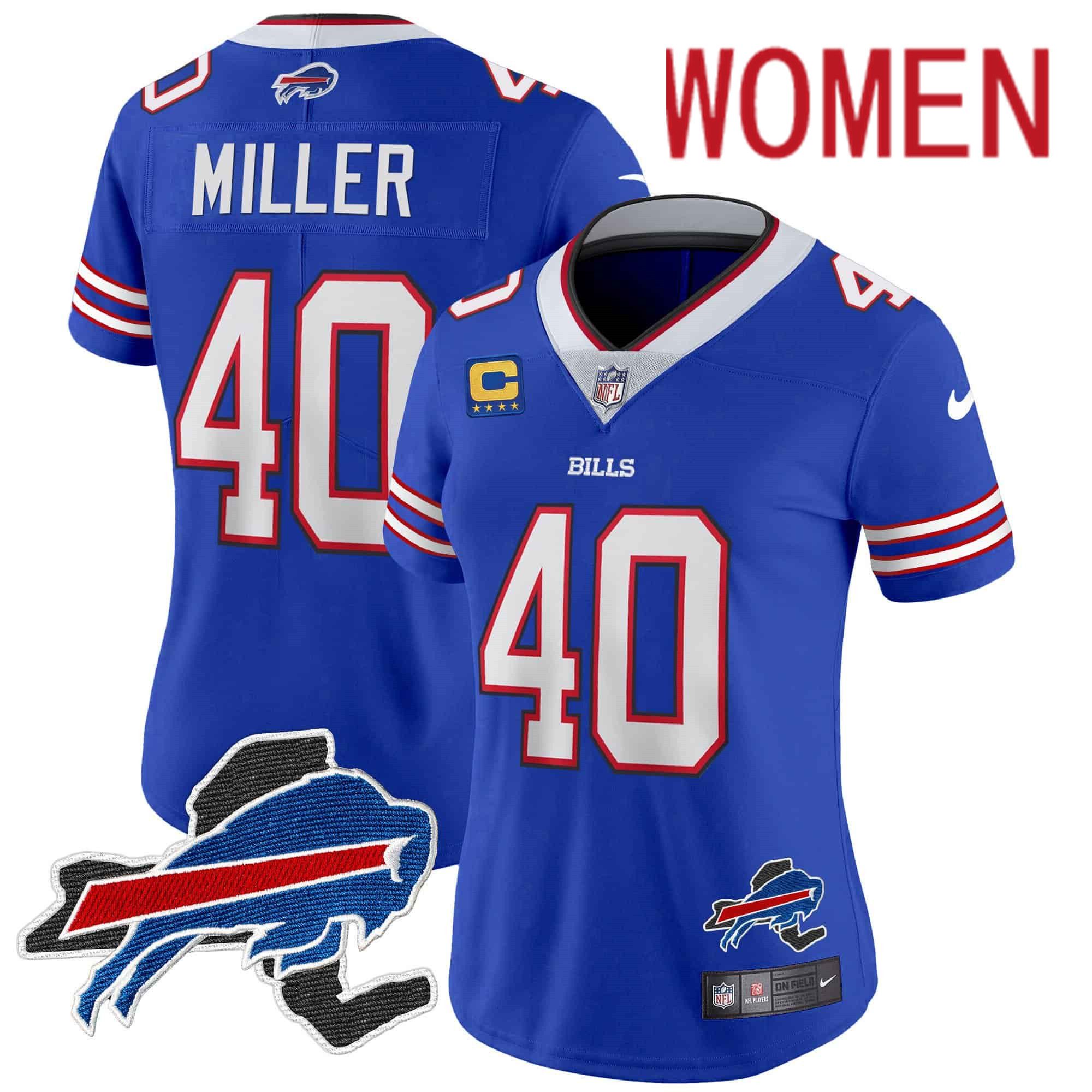 Women Buffalo Bills #40 Miller Blue 2024 Nike Patch Vapor Limited NFL Jersey style 1
